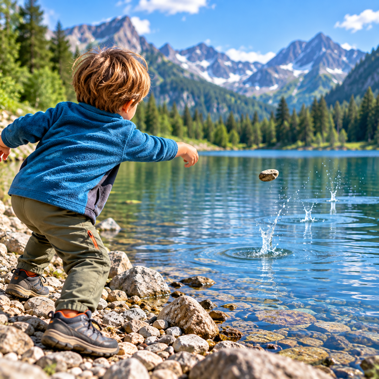 Bambino che lancia un sasso nell'acqua di un lago alpino