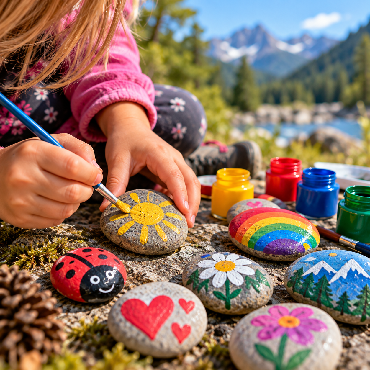 Bambina che dipinge sassi colorati vicino a un lago di montagna
